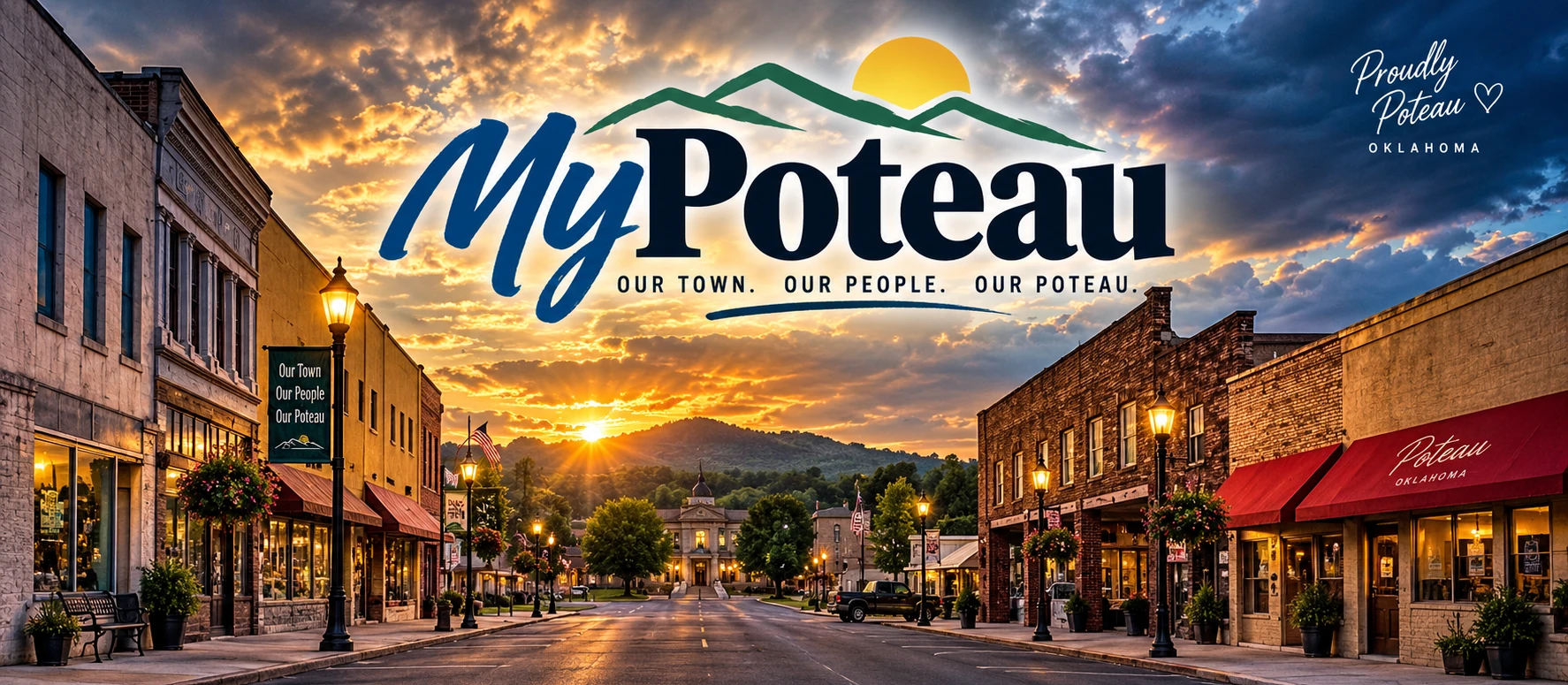 MyPoteau — Our Town. Our People. Our Poteau. A stylized view of historic downtown Poteau with Cavanal in the distance.