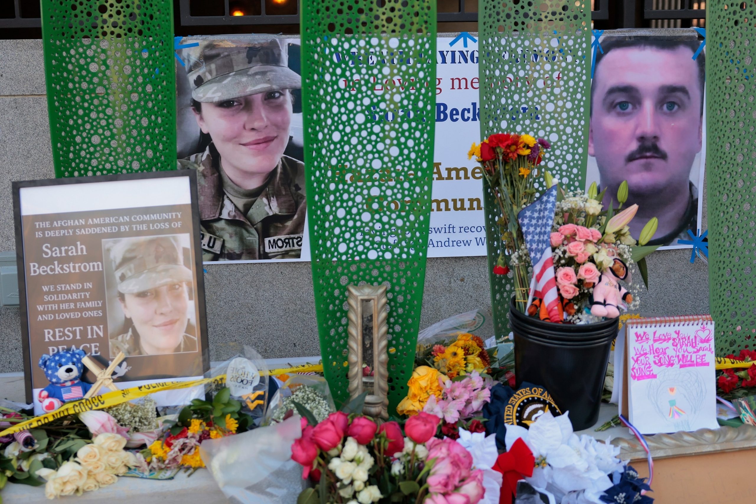 PHOTO: A makeshift memorial stands outside the Farragut West Metro station, December 01, 2025, in Washington, D.C., where West Virginia National Guard members Sarah Beckstrom and Andrew Wolfe were allegedly ambushed by a gunman.