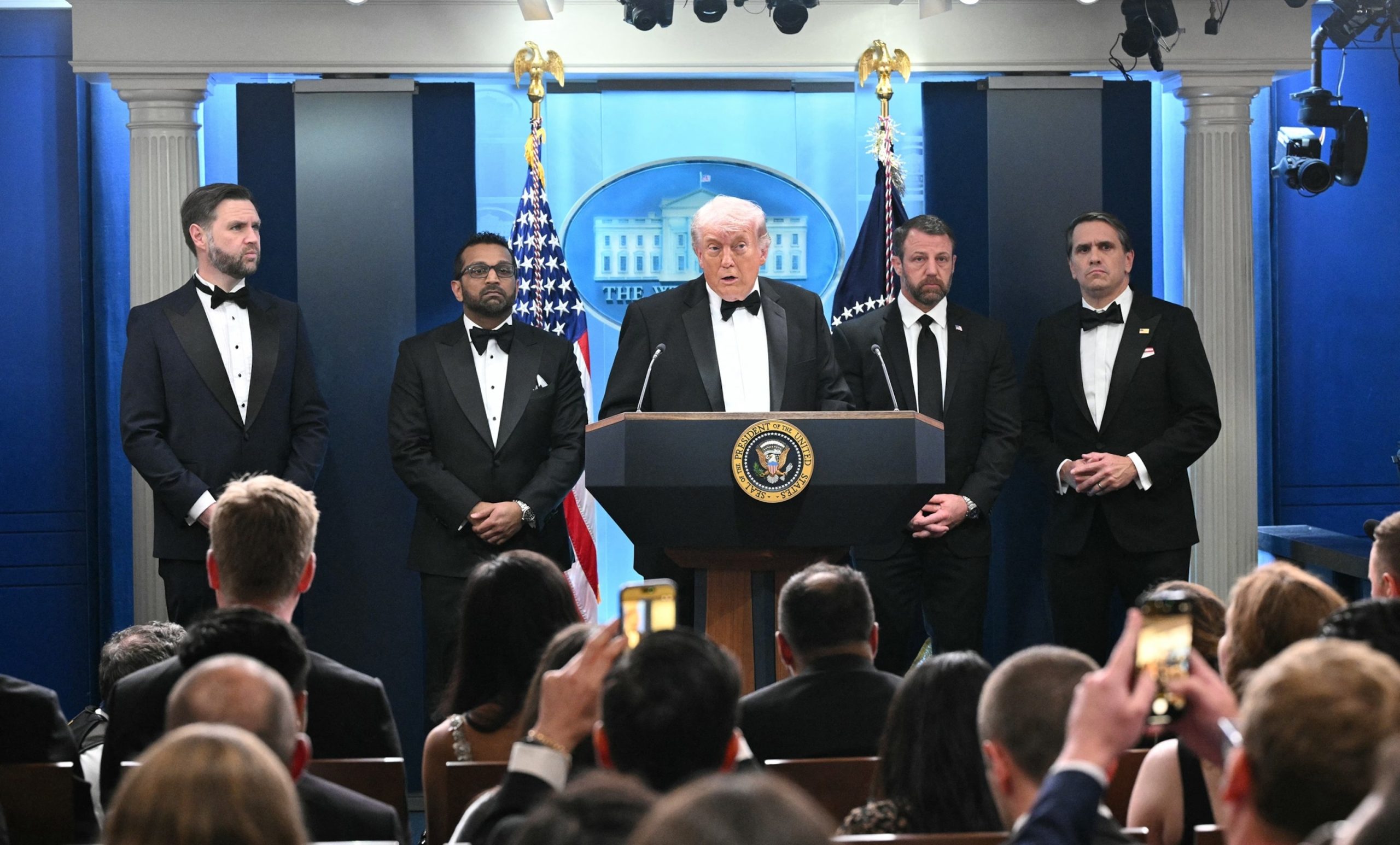 PHOTO: President Donald Trump speaks in the James Brady Press Briefing Room at the White House shortly after a shooting incident at the annual White House Correspondents' Association Dinner in Washington, April 25, 2026.