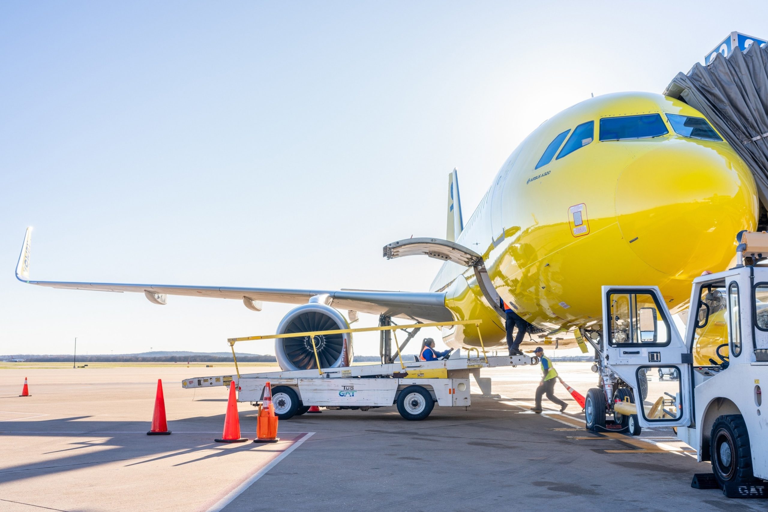 PHOTO: A Spirit Airlines aircraft undergoes operations in preparation for departure at the Austin-Bergstrom International Airport on February 12, 2024 in Austin, Texas