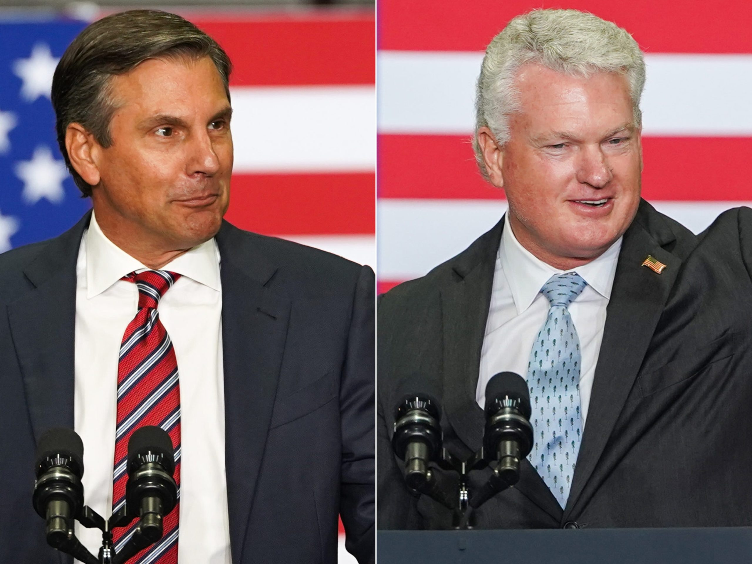 PHOTO: Derek Dooley speaks at an event on Aug. 21, 2025, in Peachtree City, Georgia. | Rep. Mike Collins speaks at an event on Aug. 21, 2025, in Peachtree City, Georgia.