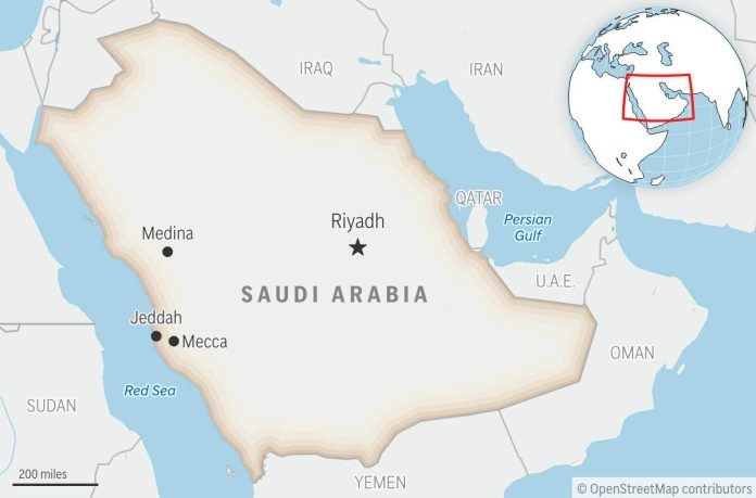 This is a locator map for Saudi Arabia with its capital, Riyadh.