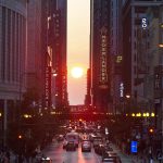 What the equinox ‘henge’ effect tells us about U.S. cities The sun creates a "Chicagohenge" effect in Chicago, as the sun rises and falls straight down streets such as Kinzie and Madison one or two days each year, as seen here on Sept. 22, 2017.