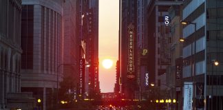 What the equinox ‘henge’ effect tells us about U.S. cities The sun creates a "Chicagohenge" effect in Chicago, as the sun rises and falls straight down streets such as Kinzie and Madison one or two days each year, as seen here on Sept. 22, 2017.