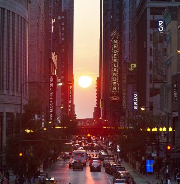 What the equinox ‘henge’ effect tells us about U.S. cities The sun creates a "Chicagohenge" effect in Chicago, as the sun rises and falls straight down streets such as Kinzie and Madison one or two days each year, as seen here on Sept. 22, 2017.