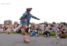 WATCH: Woman roller skates for the first time before a large crowd