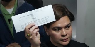 Philippines Vice President Sara Duterte posts bail after arrest Philippine Vice President Sara Duterte shows a document to reporters at the Quezon city justice hall Saturday, Sept. 5, 2026, after an arrest warrant was issued on charges that she publicly threatened to have the president and two other people assassinated.
