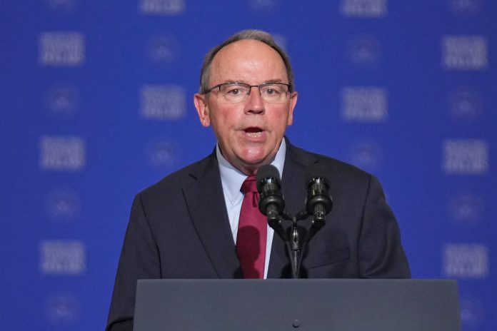 Rep. Tom Tiffany, R-Wis., speaks at the Wisconsin Air National Guard facility at Milwaukee Mitchell International Airport, July 8, 2026, in Milwaukee.