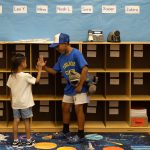 The first day of school: Bells, bikes, buses and big feelings Gerald Gomez-Reina high-fives new kindergartener Ian Patterson after they track down his cubby just before the first day of school at Micheltorena Street Elementary in Los Angeles.