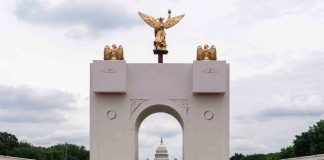 Trump says his D.C. arch will serve as ‘military complex’ with snipers and drones A mockup of President Donald Trump
