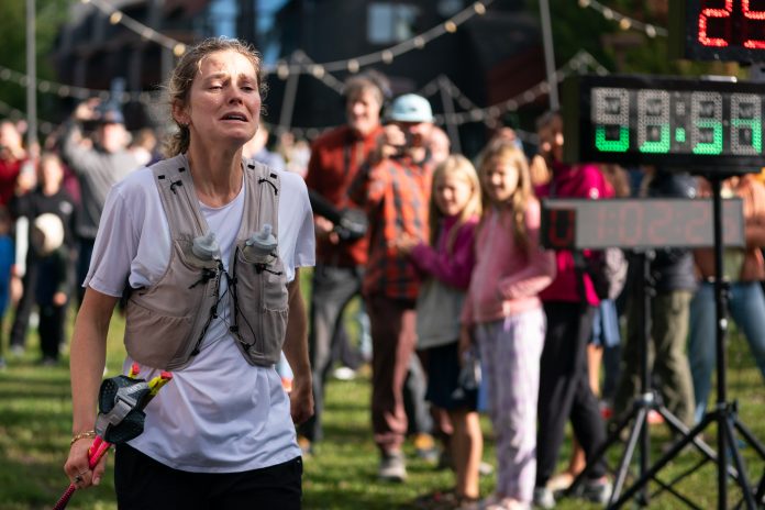 Gold medal-winning Olympian and Minnesotan Jessie Diggins crosses the finish line during the Superior 100 Mile Trail Race Saturday, Sept. 12, 2026 at Caribou Highlands Lodge in Lutsen, Minn.