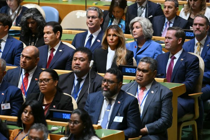 From left, Secretary of State Marco Rubio, Treasury Secretary Scott Bessent, first lady Melania Trump, White House chief of staff Susie Wiles, U.S. Ambassador to the United Nations Mike Waltz and U.S. Trade Representative Jamieson Greer listen as President Trump addresses the 81st United Nations General Assembly at U.N. headquarters in New York on Tuesday.