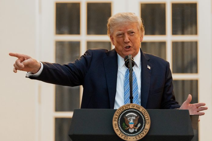 President Trump speaks Thursday during a dinner in the Rose Garden at the White House.