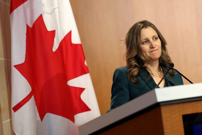 Former Canadian Finance Minister Chrystia Freeland speaks at the Peterson Institute for International Economics in Washington on April 12, 2023.