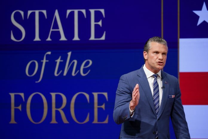 Secretary of Defense Pete Hegseth gives a "State of the Force" address at Marine Corps Base Quantico on Wednesday in Quantico, Va.
