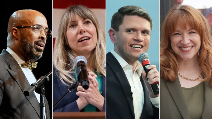 Some Democratic candidates have made faith central to their congressional campaigns, including (from left) Frederick Haynes, Sarah Trone Garriott, James Talarico and Lindsay James.