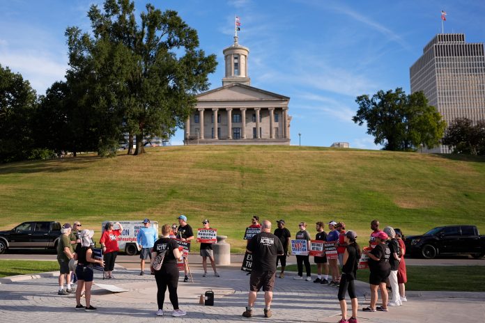 People gather during a March 4 Mercy protest against the death penalty at the Tennessee State Capitol, Sunday, Sept. 27, 2026, in Nashville, Tenn. ahead of the Sept. 30th scheduled execution of Christa Pike.