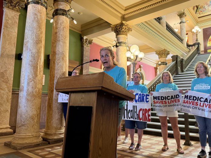 Rep. Mary Caferro, a Democrat in the Montana House, spoke at a rally in July at the Montana Capitol in Helena, criticizing the state