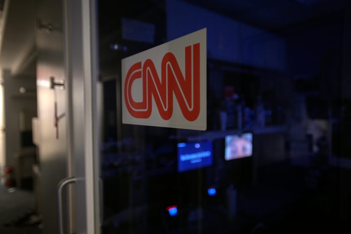 A logo on a booth for CNN is seen in the press area at the White House, Saturday, Sept. 26, 2026, in Washington.