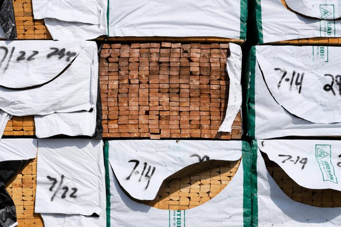 Canadian lumber products are shown at Gutherie Lumber Tuesday, Aug. 25, 2026, in Livonia, Mich.